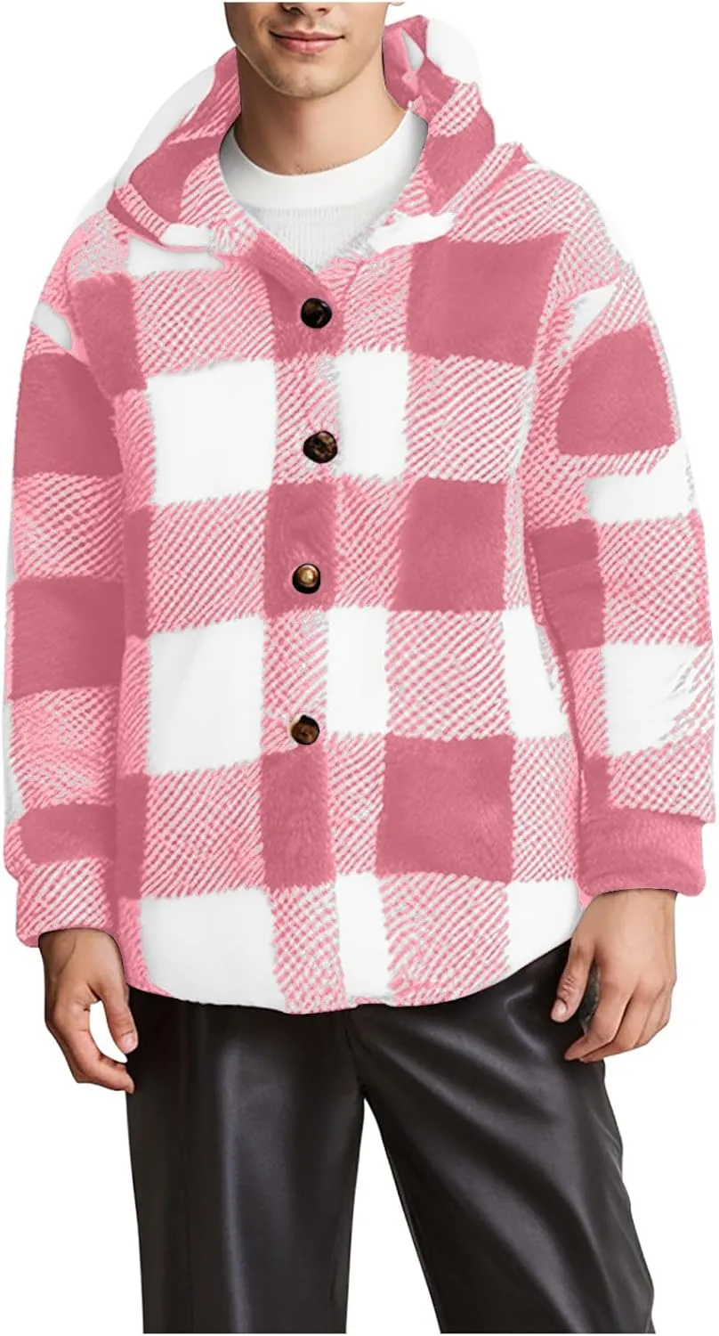 NATHGAM Men's Fleece Hooded Jacket Plaid Fuzzy Sherpa Thicken Winter Coat Fashion Plush Warm Cozy Casual Comfort Sweatshirt