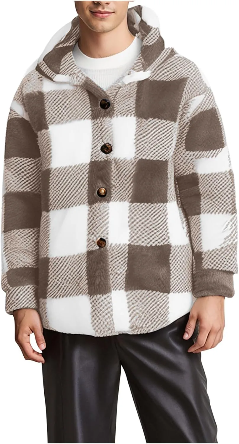 NATHGAM Men's Fleece Hooded Jacket Plaid Fuzzy Sherpa Thicken Winter Coat Fashion Plush Warm Cozy Casual Comfort Sweatshirt