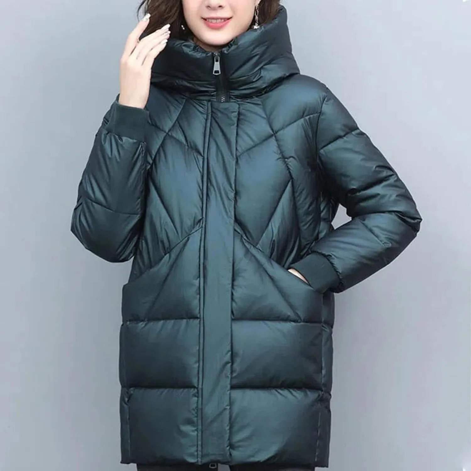 NATHGAM Women's Baggy Long Hooded Down Jacket Lightweight Oversized Winter Mockneck Puffer Coat Waterproof Loose Padded Coat