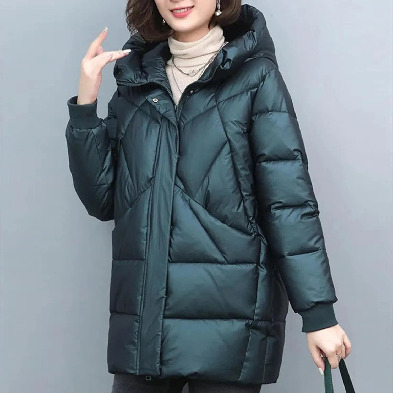 NATHGAM Women's Baggy Long Hooded Down Jacket Lightweight Oversized Winter Mockneck Puffer Coat Waterproof Loose Padded Coat