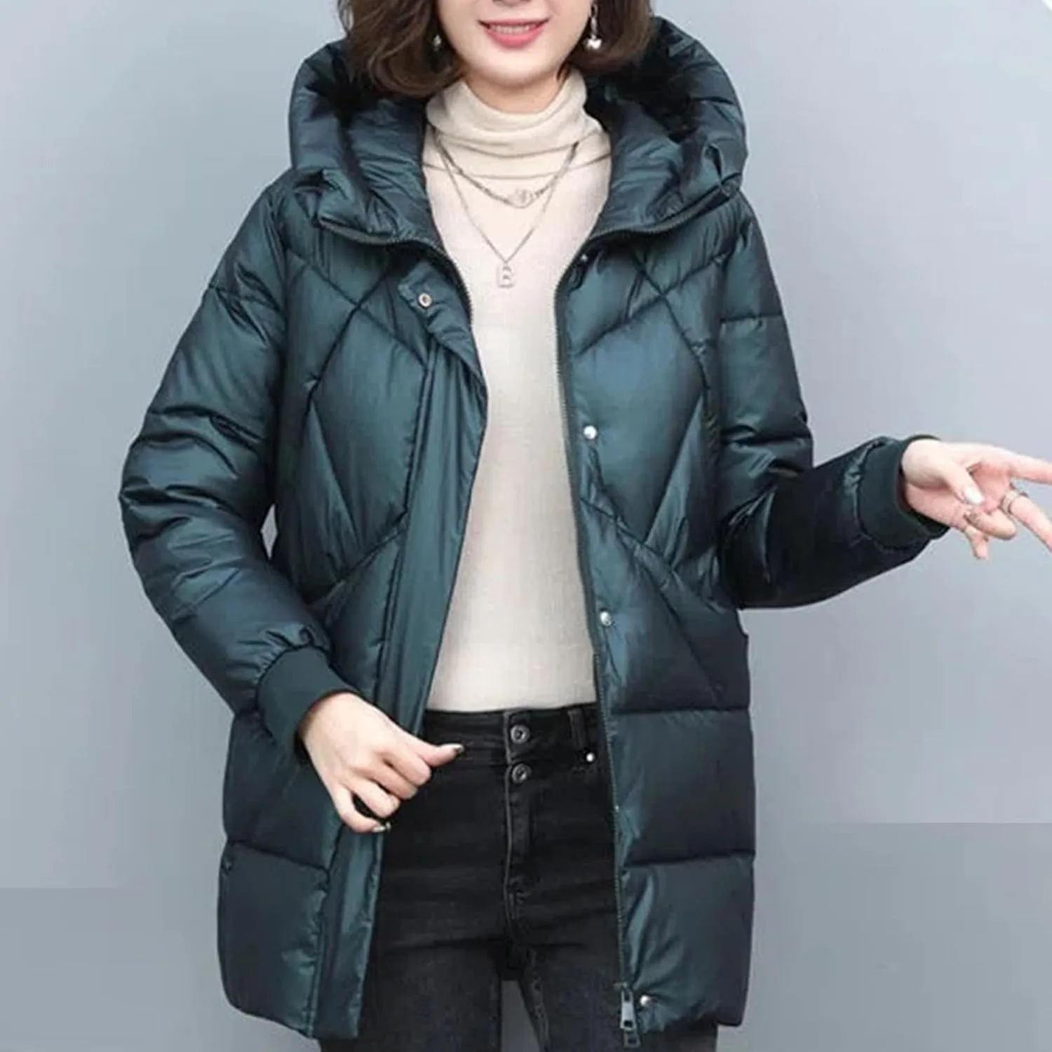 NATHGAM Women's Baggy Long Hooded Down Jacket Lightweight Oversized Winter Mockneck Puffer Coat Waterproof Loose Padded Coat