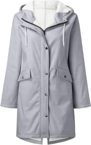 NATHGAM Women's Fleece Lined Raincoat Waterproof with Hooded Winter Comfy Soft Trench Coat Lithe Outdoor Windbreaker Jacket
