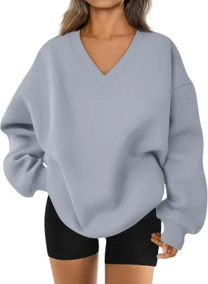 Oversized Sweatshirt For Women,2024 Trendy V Neck Soft Fleece Preppy Sweatshirt Long Sleeve Pullover Fall Clothes