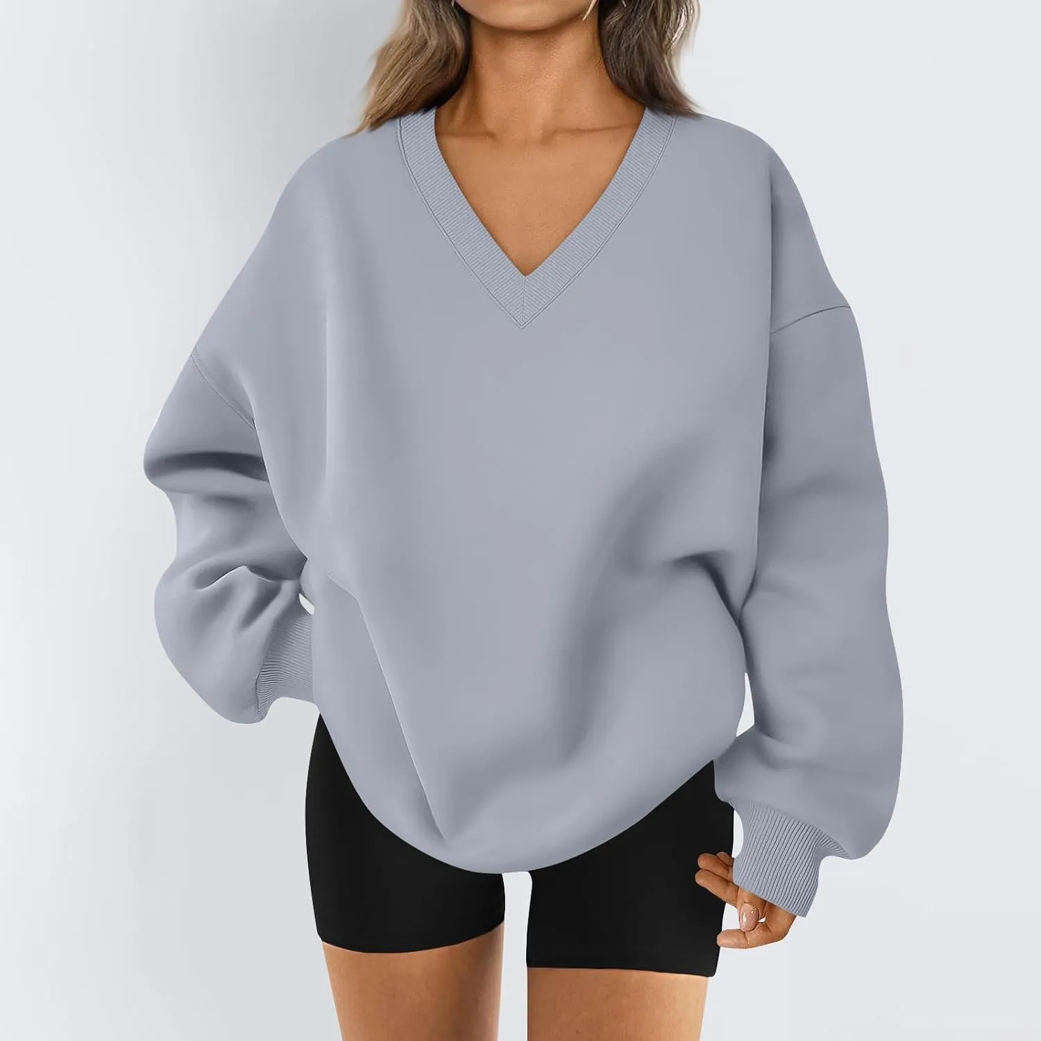 Oversized Sweatshirt For Women,2024 Trendy V Neck Soft Fleece Preppy Sweatshirt Long Sleeve Pullover Fall Clothes
