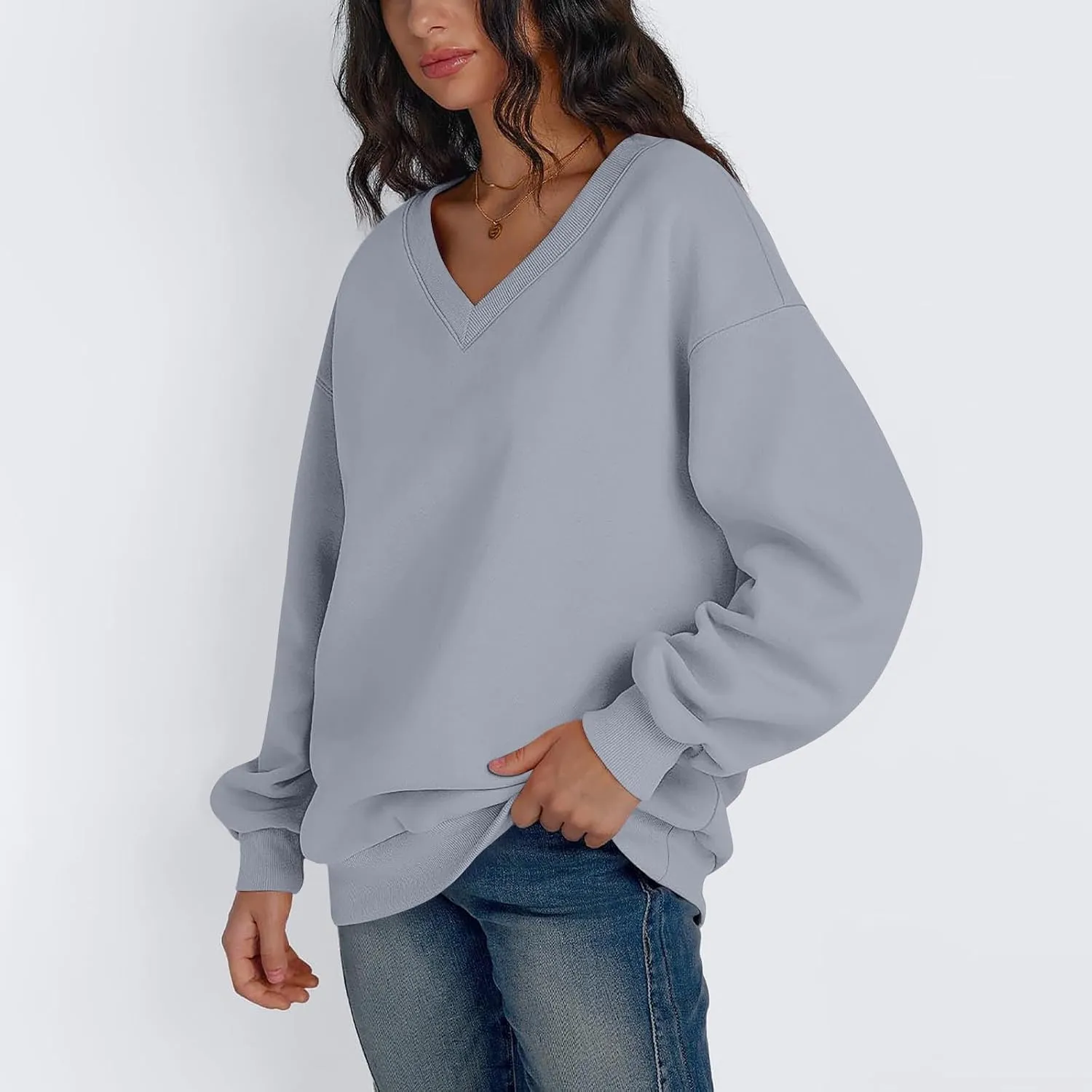Oversized Sweatshirt For Women,2024 Trendy V Neck Soft Fleece Preppy Sweatshirt Long Sleeve Pullover Fall Clothes
