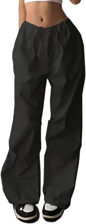 Parachute Pants for Women Elastic Waistline Drawstring Cargo Pants with Pockets Casual Hiking Pants