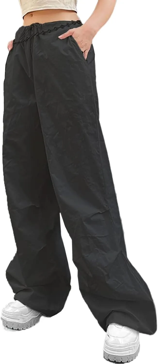 Parachute Pants for Women Elastic Waistline Drawstring Cargo Pants with Pockets Casual Hiking Pants
