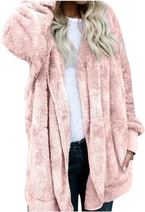 PETYCZEN Womens Fleece Jacket Winter Fuzzy Sherpa Lined Open Front Long Cardigan Coats Thermal Hooded Jackets with Pockets