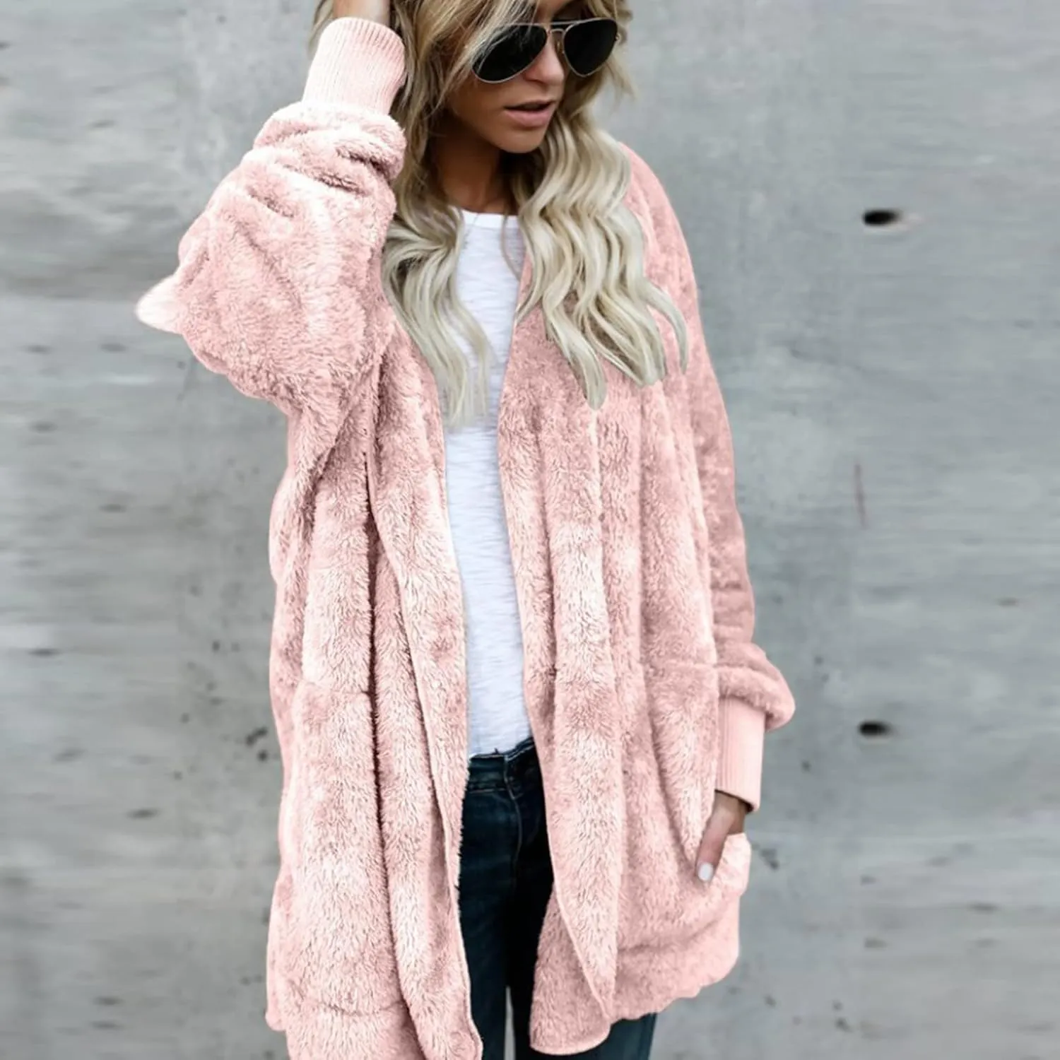 PETYCZEN Womens Fleece Jacket Winter Fuzzy Sherpa Lined Open Front Long Cardigan Coats Thermal Hooded Jackets with Pockets