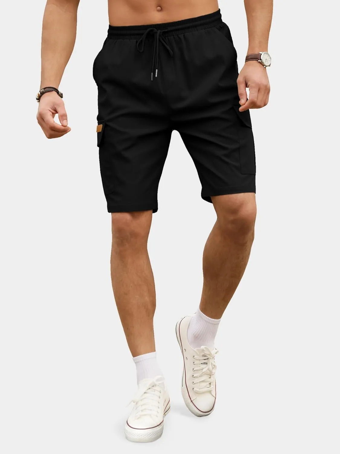 PLEPAN Men's Casual Cargo Shorts Classic Stretch Waist Drawstring Outdoor Work Shorts with 6 Pockets