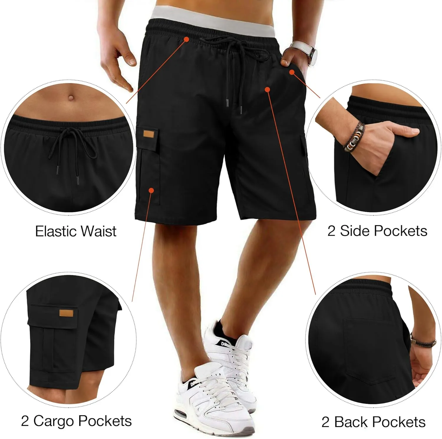 PLEPAN Men's Casual Cargo Shorts Classic Stretch Waist Drawstring Outdoor Work Shorts with 6 Pockets