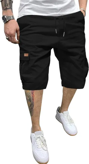 PLEPAN Men's Casual Cargo Shorts Classic Stretch Waist Drawstring Outdoor Work Shorts with 6 Pockets