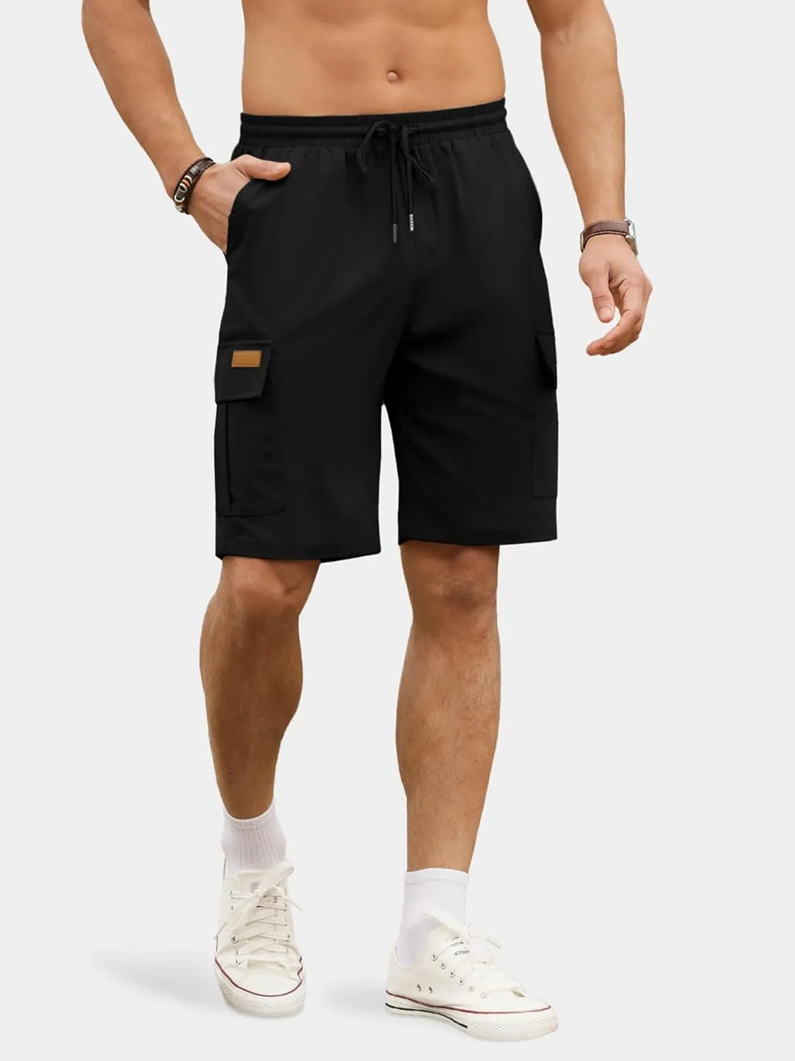 PLEPAN Men's Casual Cargo Shorts Classic Stretch Waist Drawstring Outdoor Work Shorts with 6 Pockets