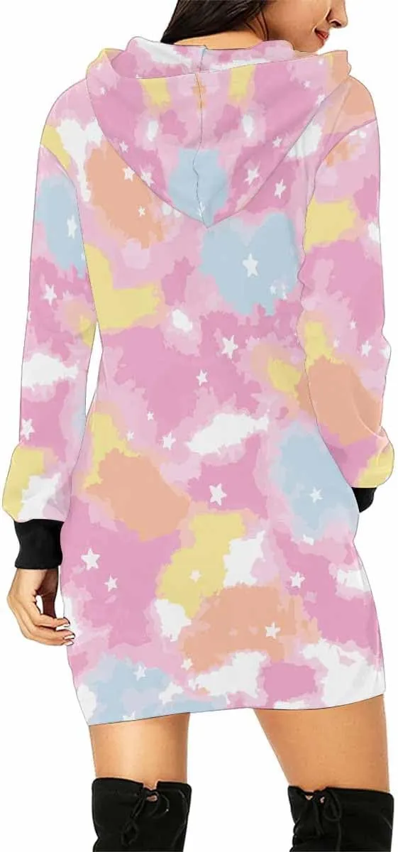 Plus Size Midi Dresses Tie Dye Blue Circle Womens Sweatshirt Dress Long Sleeve Hoodies Mini Dresses Fleece Casual Hoodie