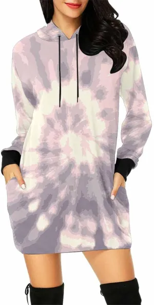 Plus Size Midi Dresses Tie Dye Blue Circle Womens Sweatshirt Dress Long Sleeve Hoodies Mini Dresses Fleece Casual Hoodie