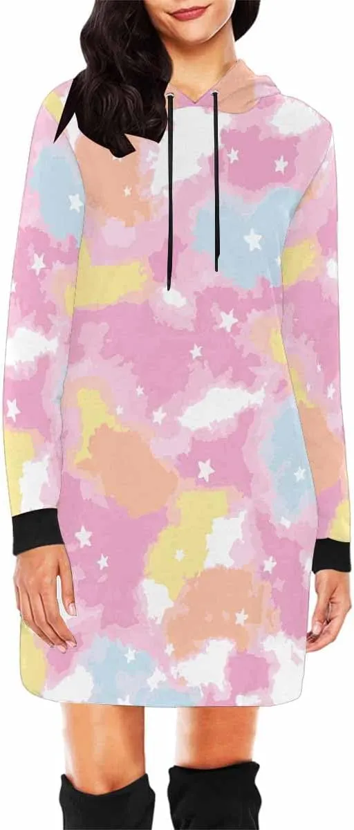 Plus Size Midi Dresses Tie Dye Blue Circle Womens Sweatshirt Dress Long Sleeve Hoodies Mini Dresses Fleece Casual Hoodie