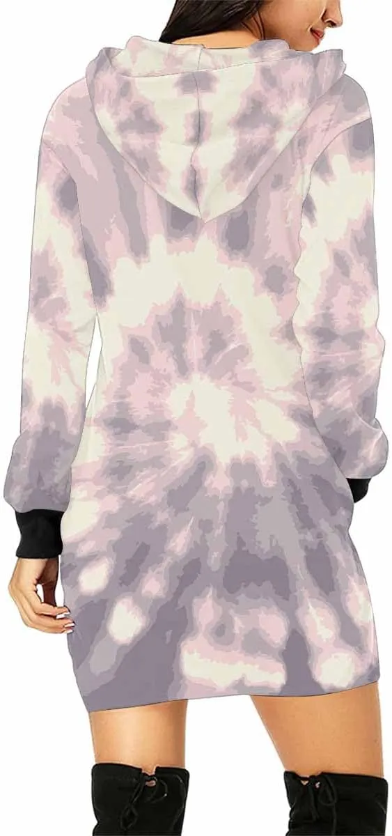 Plus Size Midi Dresses Tie Dye Blue Circle Womens Sweatshirt Dress Long Sleeve Hoodies Mini Dresses Fleece Casual Hoodie