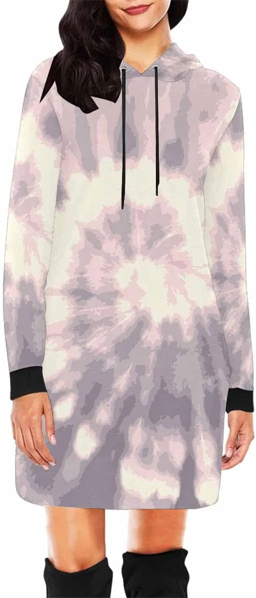 Plus Size Midi Dresses Tie Dye Blue Circle Womens Sweatshirt Dress Long Sleeve Hoodies Mini Dresses Fleece Casual Hoodie