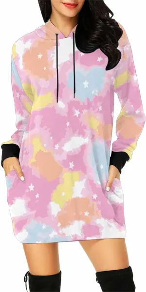 Plus Size Midi Dresses Tie Dye Blue Circle Womens Sweatshirt Dress Long Sleeve Hoodies Mini Dresses Fleece Casual Hoodie