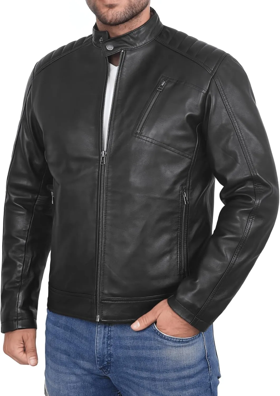 Premium Soft Lambskin Leather Men's Motorcycle Jacket - Vintage Cafe Racer with a Modern Twist