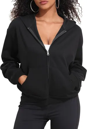 PrettyGuide Women's Zip Up Hoodies Casual Long Sleeve Fleece Cropped Sweatshirts Jackets with Pocket