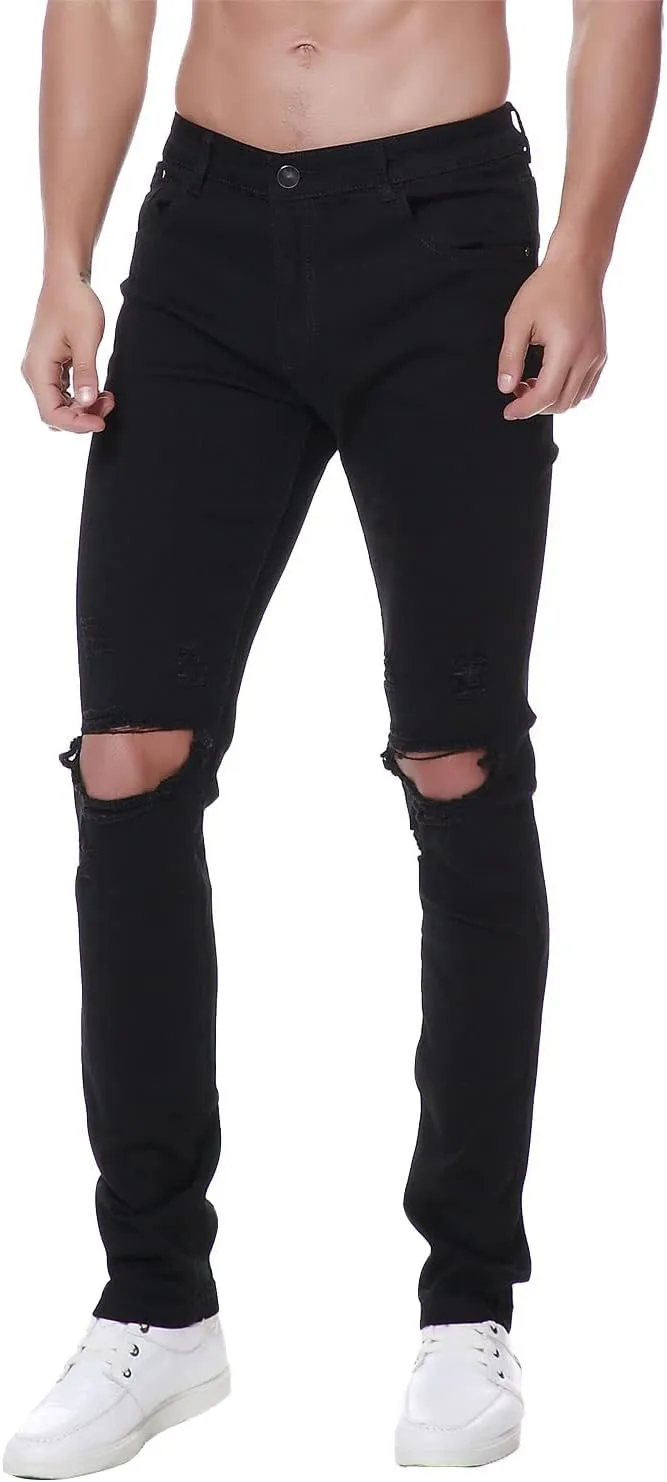 Previn Men's Ripped Denim Jeans Distressed Slim Trousers Destroy Holes Stretch Biker Pants