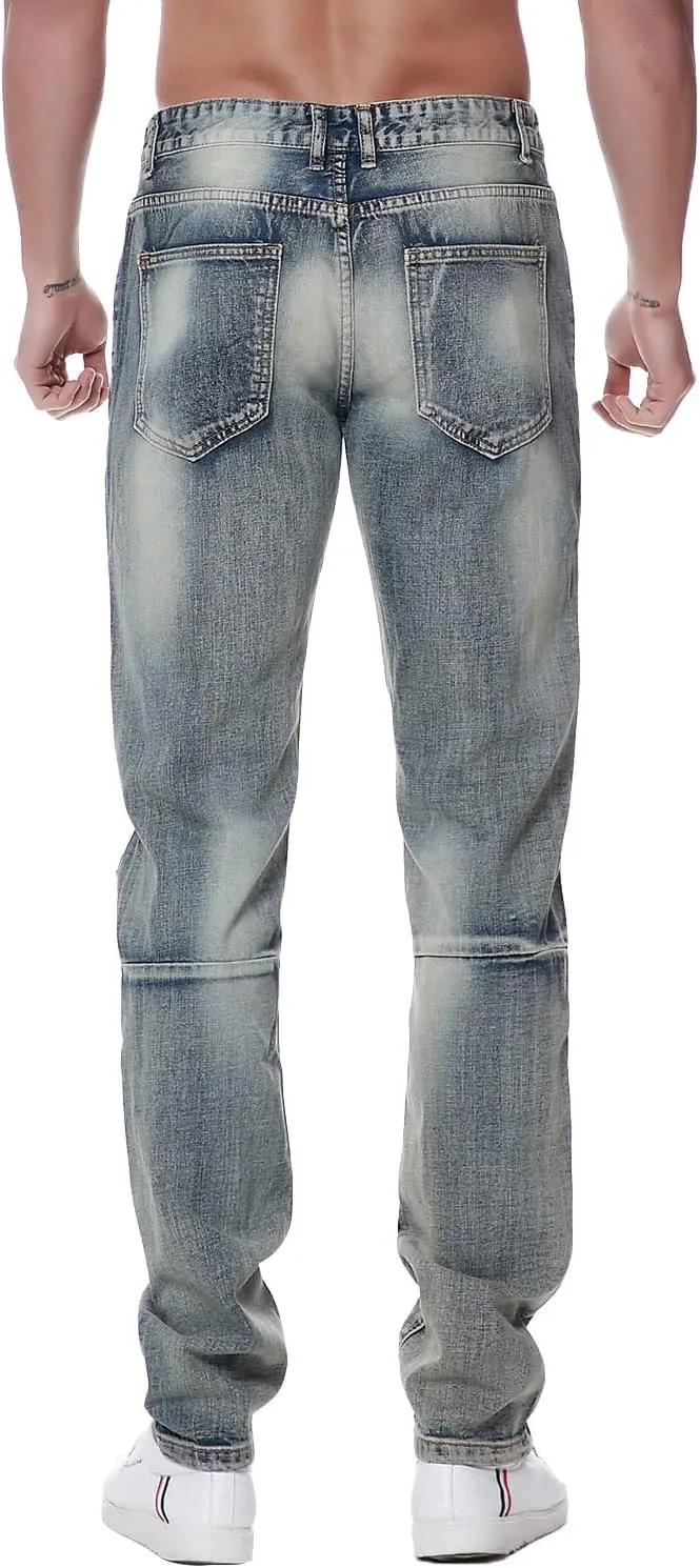 Previn Men's Ripped Denim Jeans Distressed Slim Trousers Destroy Holes Stretch Biker Pants