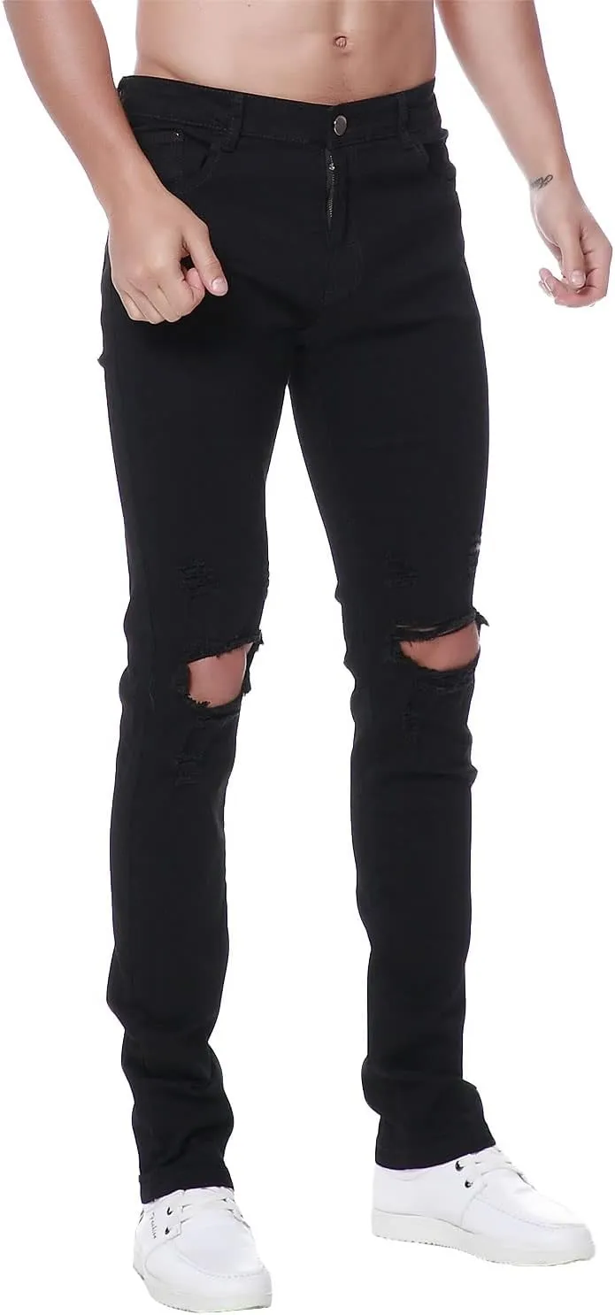 Previn Men's Ripped Denim Jeans Distressed Slim Trousers Destroy Holes Stretch Biker Pants
