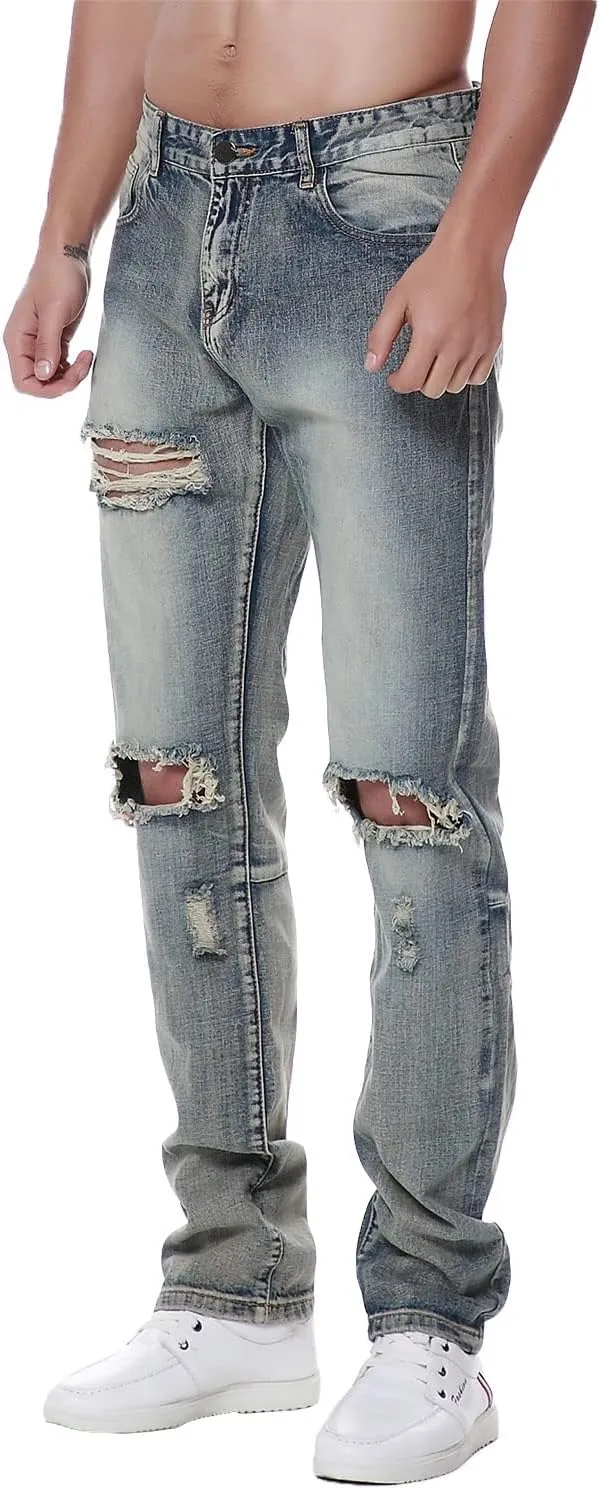 Previn Men's Ripped Denim Jeans Distressed Slim Trousers Destroy Holes Stretch Biker Pants