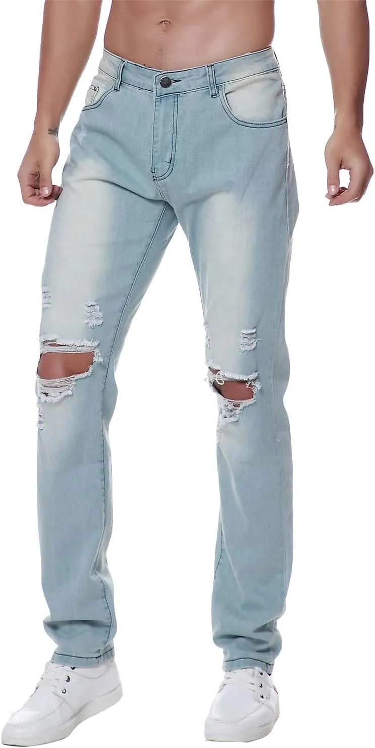 Previn Men's Ripped Denim Jeans Distressed Slim Trousers Destroy Holes Stretch Biker Pants