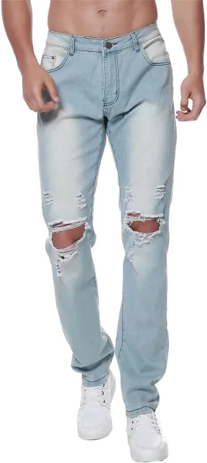 Previn Men's Ripped Denim Jeans Distressed Slim Trousers Destroy Holes Stretch Biker Pants