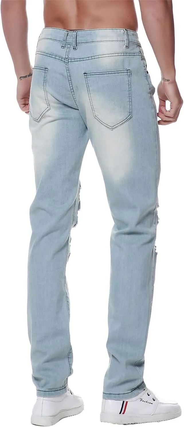 Previn Men's Ripped Denim Jeans Distressed Slim Trousers Destroy Holes Stretch Biker Pants