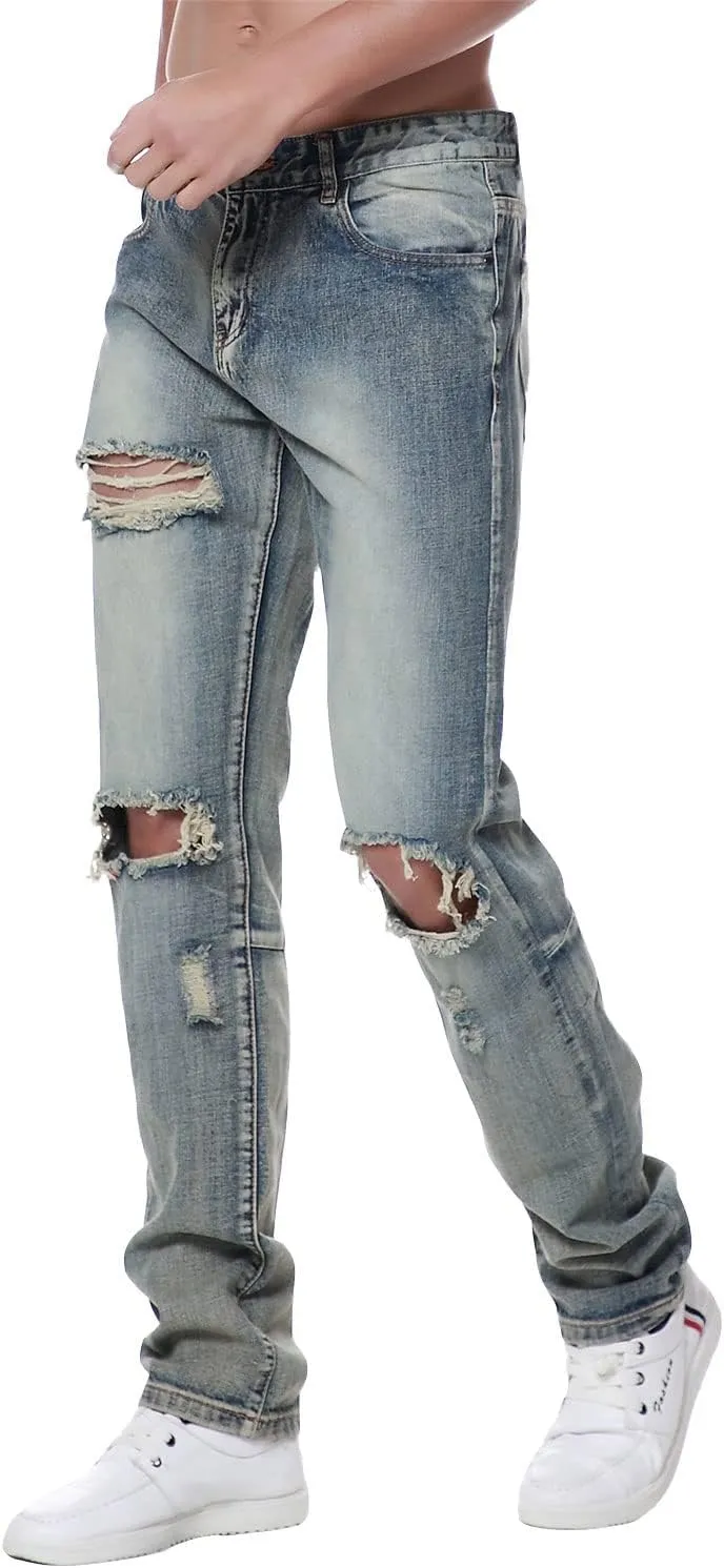 Previn Men's Ripped Denim Jeans Distressed Slim Trousers Destroy Holes Stretch Biker Pants