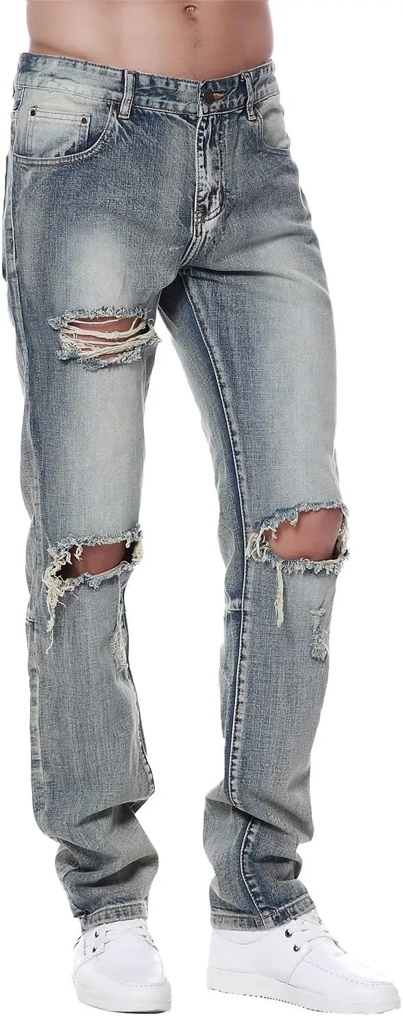 Previn Men's Ripped Denim Jeans Distressed Slim Trousers Destroy Holes Stretch Biker Pants