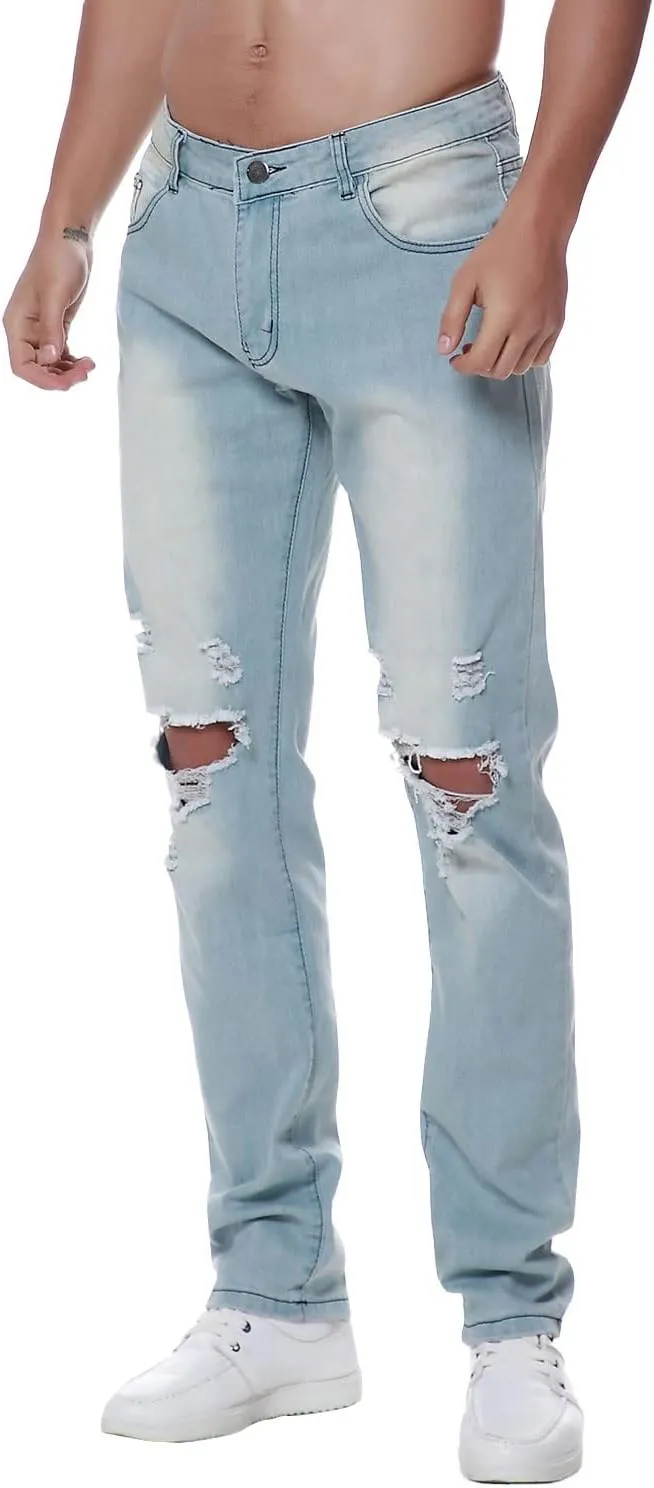 Previn Men's Ripped Denim Jeans Distressed Slim Trousers Destroy Holes Stretch Biker Pants