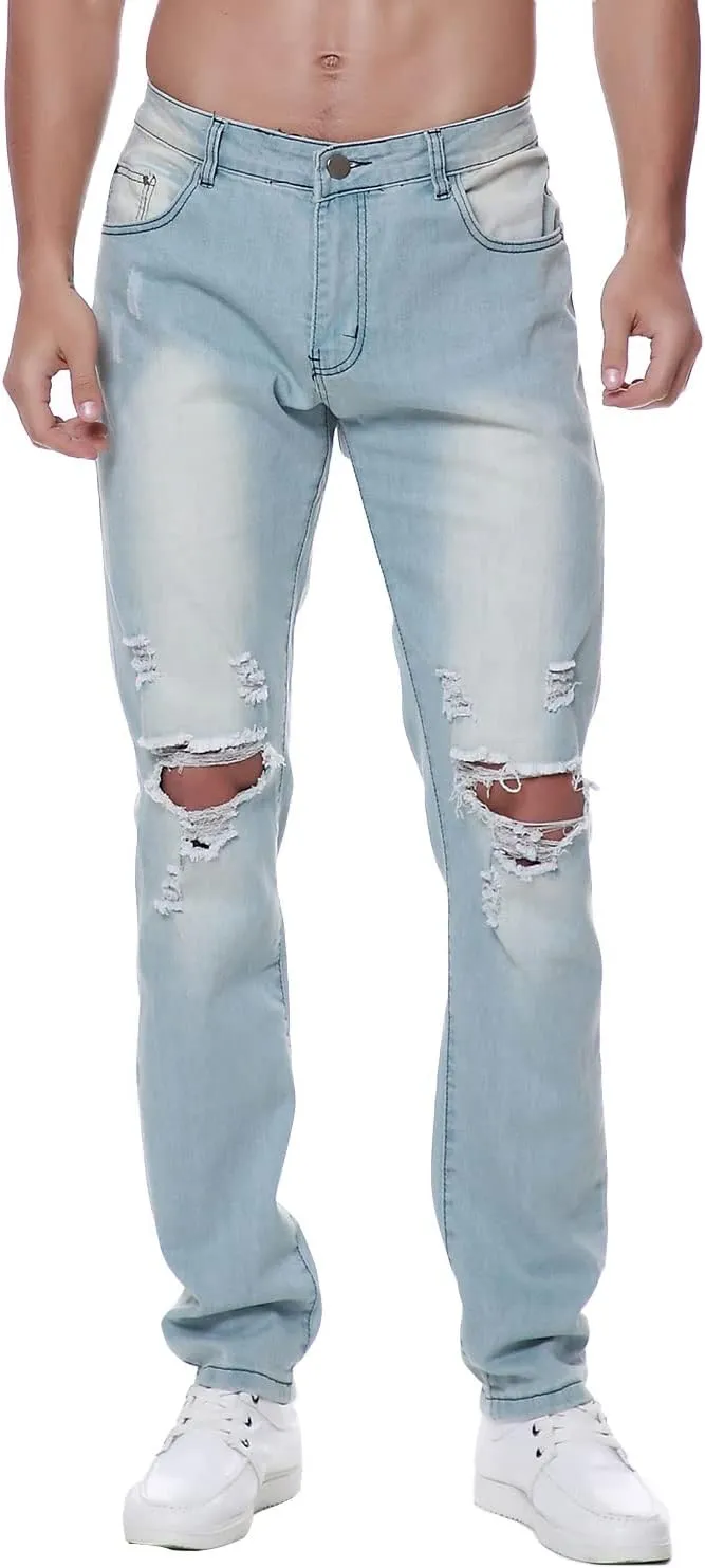 Previn Men's Ripped Denim Jeans Distressed Slim Trousers Destroy Holes Stretch Biker Pants
