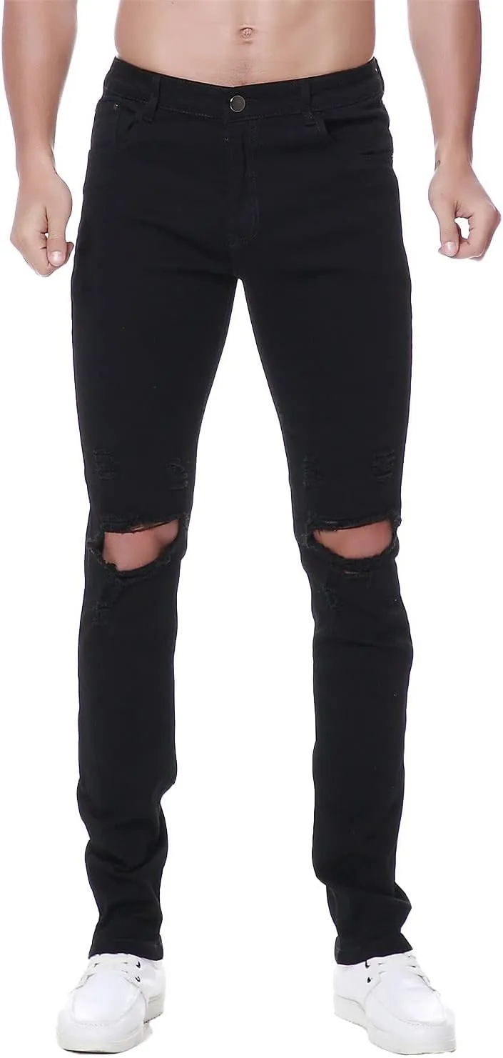 Previn Men's Ripped Denim Jeans Distressed Slim Trousers Destroy Holes Stretch Biker Pants