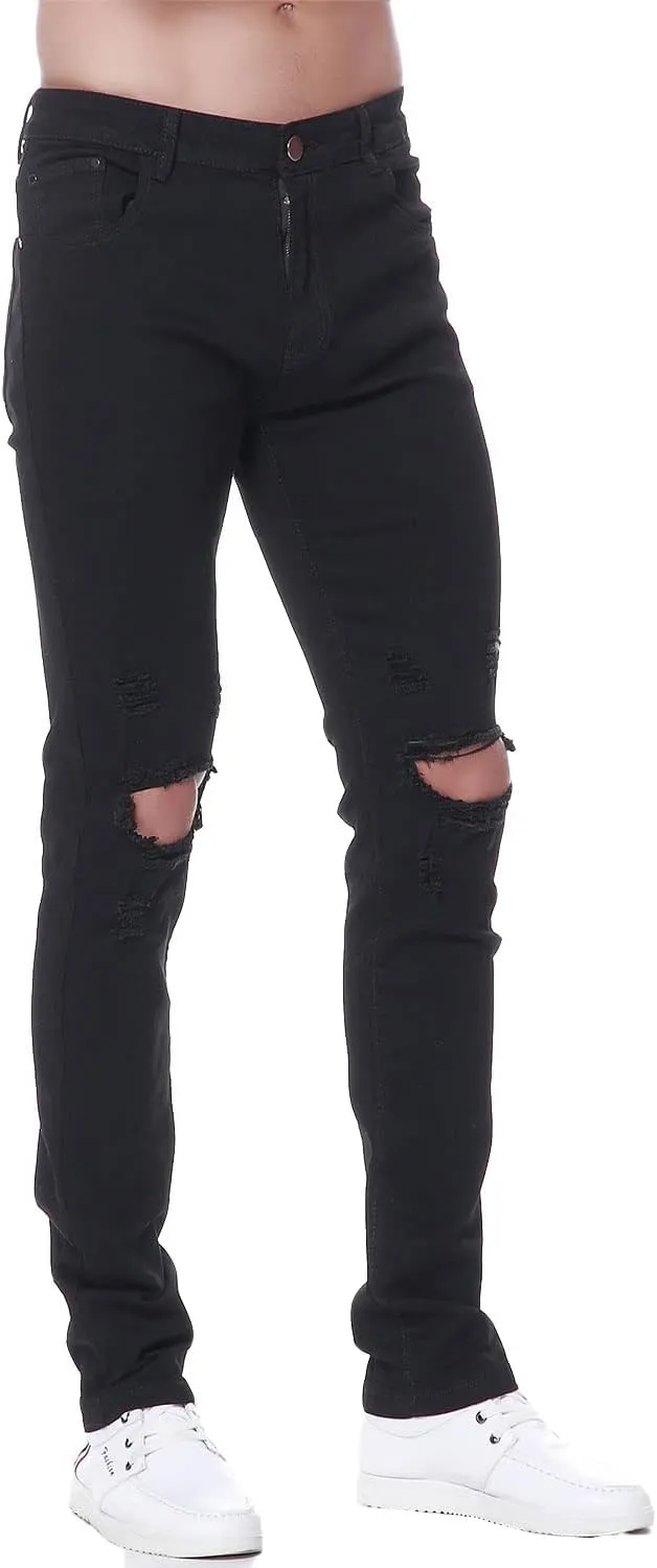 Previn Men's Ripped Denim Jeans Distressed Slim Trousers Destroy Holes Stretch Biker Pants