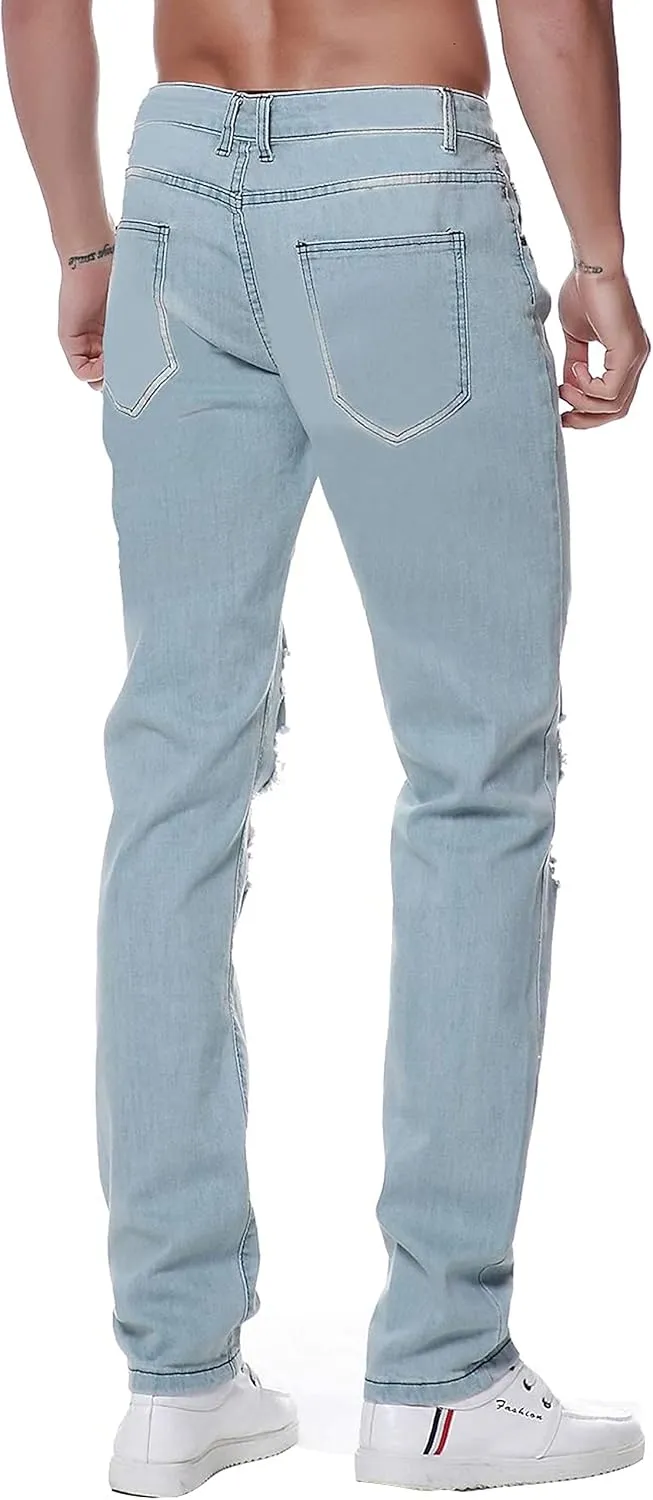 Previn Men's Ripped Denim Jeans Distressed Slim Trousers Destroy Holes Stretch Biker Pants