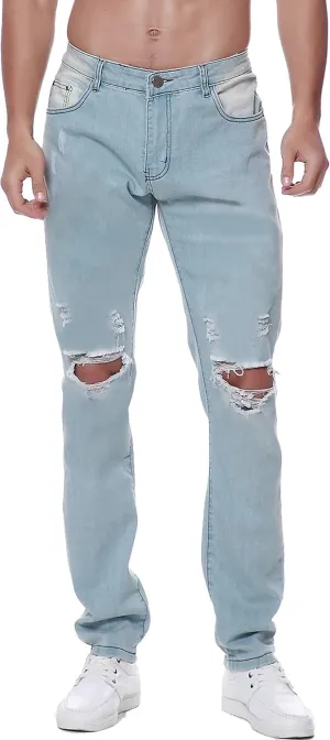 Previn Men's Ripped Denim Jeans Distressed Slim Trousers Destroy Holes Stretch Biker Pants