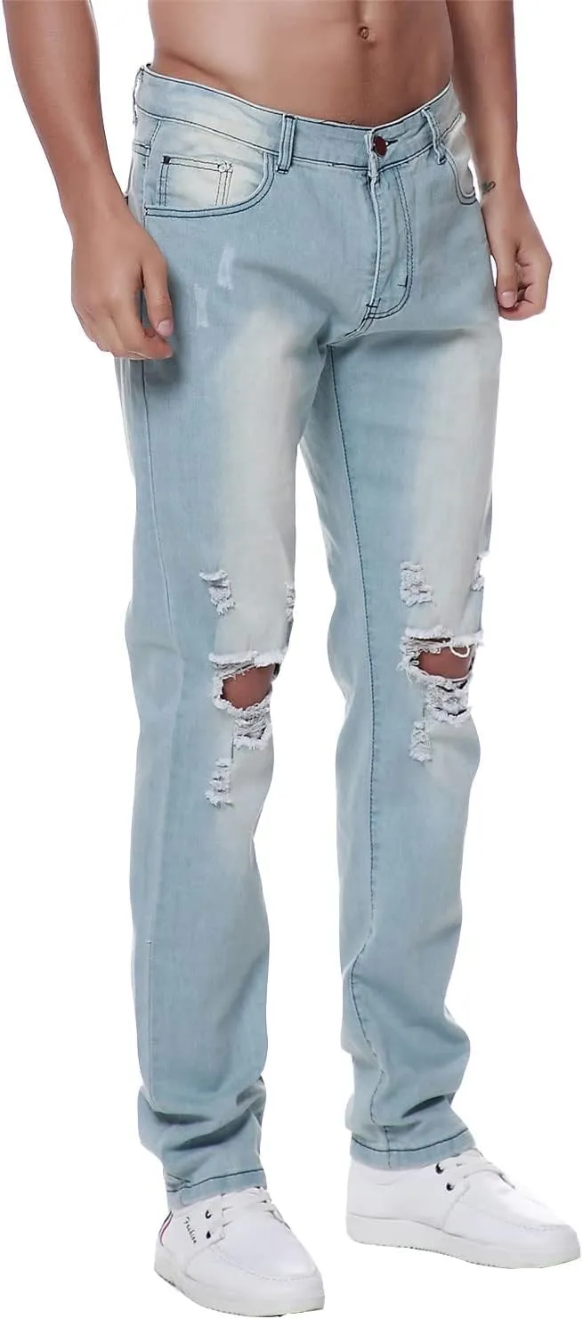 Previn Men's Ripped Denim Jeans Distressed Slim Trousers Destroy Holes Stretch Biker Pants