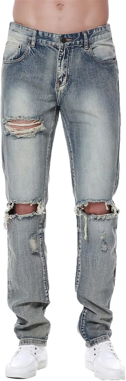 Previn Men's Ripped Denim Jeans Distressed Slim Trousers Destroy Holes Stretch Biker Pants