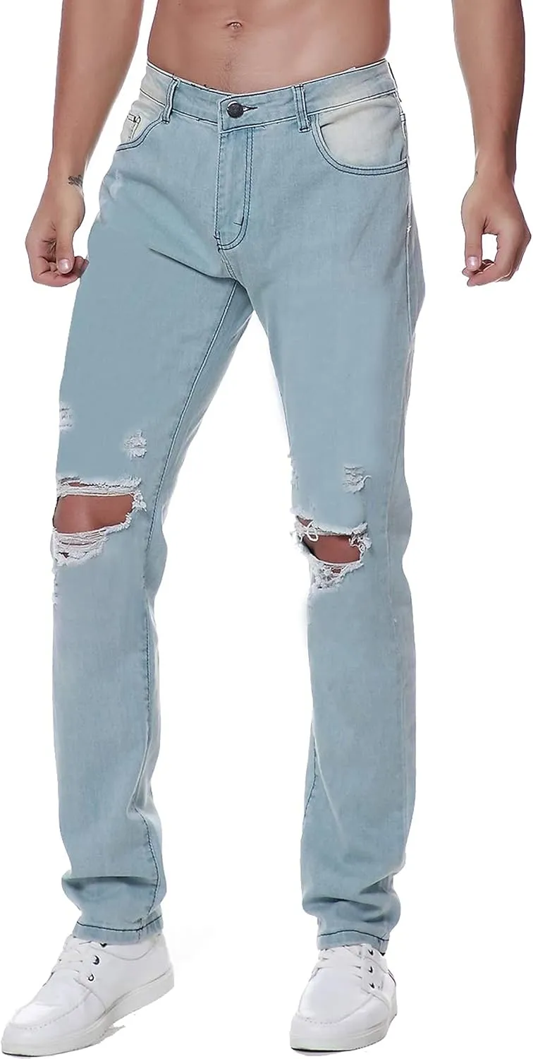Previn Men's Ripped Denim Jeans Distressed Slim Trousers Destroy Holes Stretch Biker Pants
