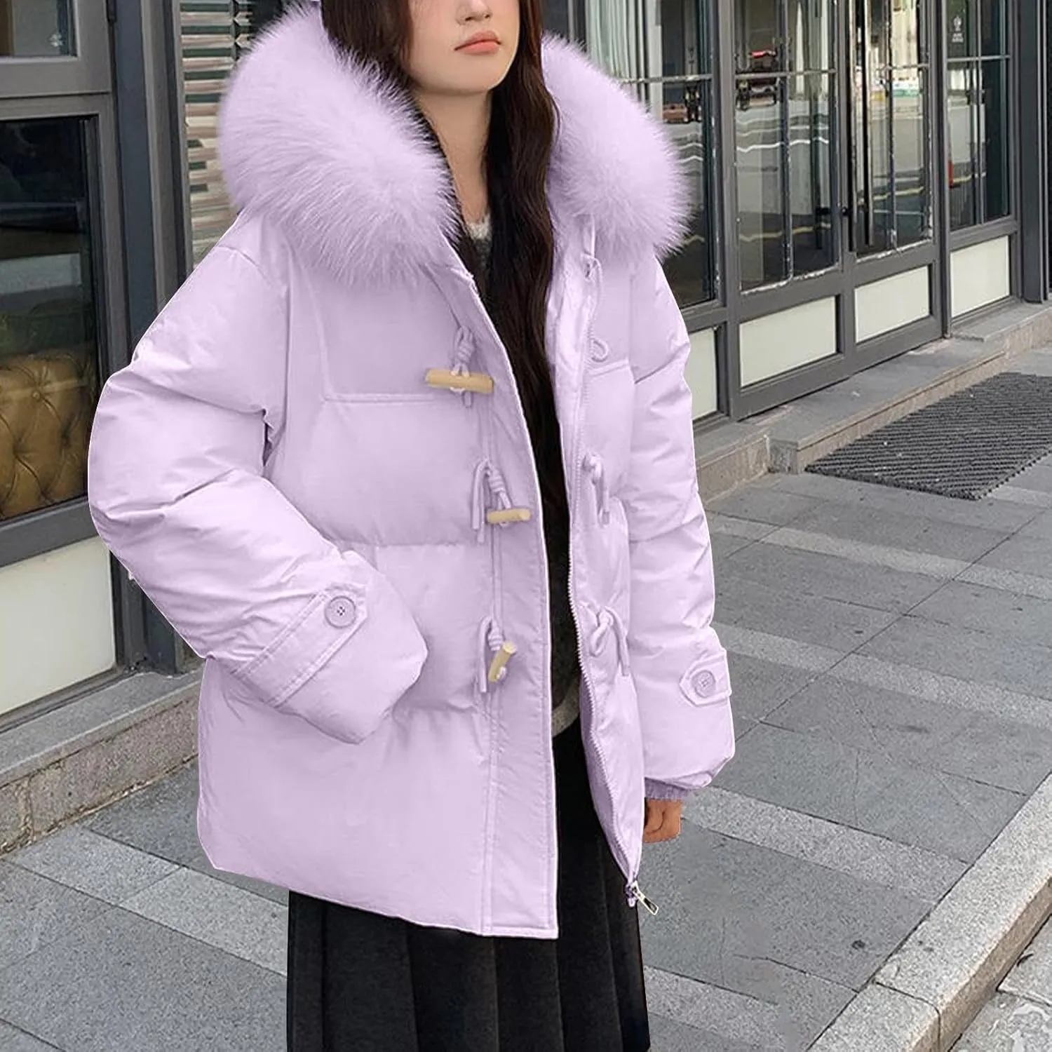 Quilted Jackets for Women Fashion Fuzzy Hooded Winter Warm Puffer Jackets Oversized Casual Ski Coats Down Outerwear