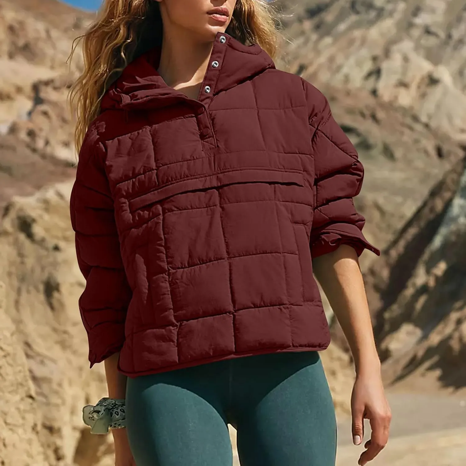 Quilted Jackets for Women Winter Button Hooded Puffer Pullover Jacket Lightweight Down Coats Outerwear with Pockets
