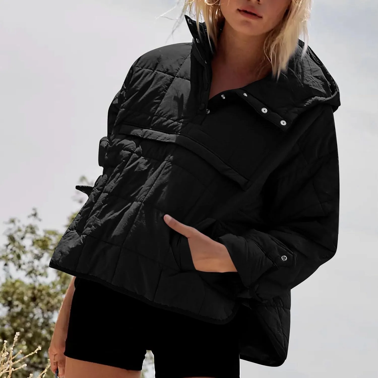 Quilted Jackets for Women Winter Button Hooded Puffer Pullover Jacket Lightweight Down Coats Outerwear with Pockets