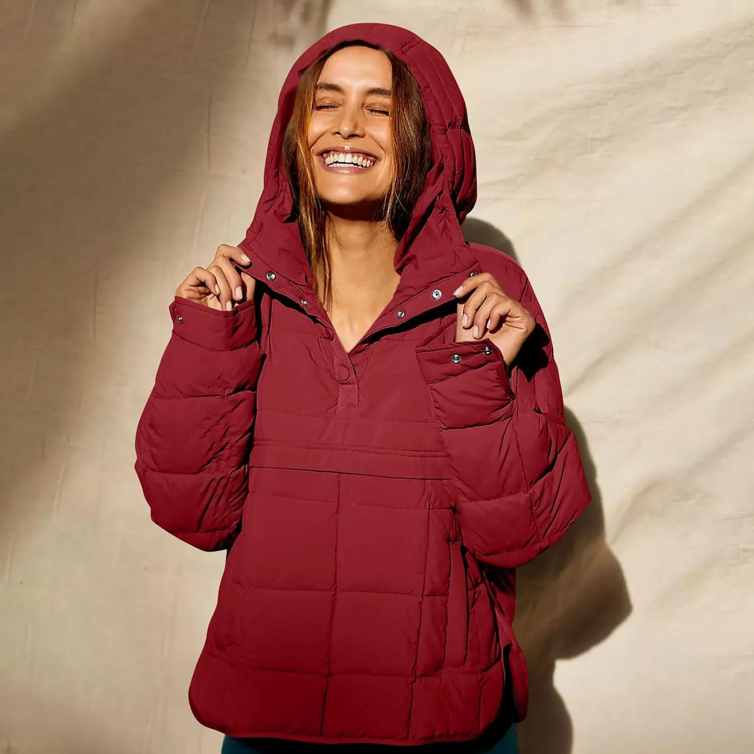 Quilted Jackets for Women Winter Button Hooded Puffer Pullover Jacket Lightweight Down Coats Outerwear with Pockets