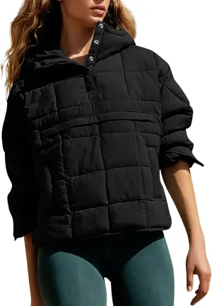 Quilted Jackets for Women Winter Button Hooded Puffer Pullover Jacket Lightweight Down Coats Outerwear with Pockets