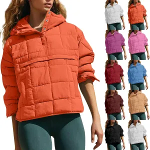 Quilted Jackets for Women Winter Button Hooded Puffer Pullover Jacket Lightweight Down Coats Outerwear with Pockets