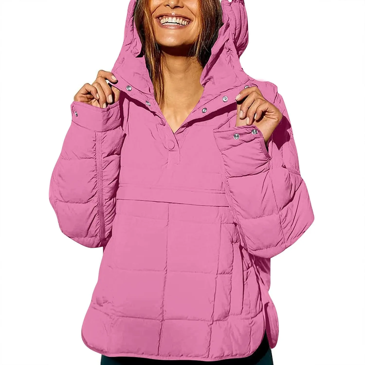 Quilted Jackets for Women Winter Button Hooded Puffer Pullover Jacket Lightweight Down Coats Outerwear with Pockets